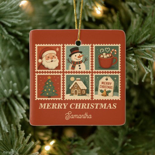 Retro Christmas Briefmarke Collage Keramikornament (Baum)