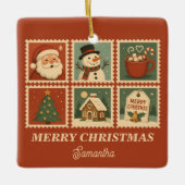 Retro Christmas Briefmarke Collage Keramikornament (Vorderseite)