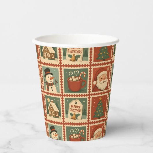 Retro Christmas Briefmarke Collage Pappbecher (Vorderseite)