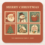 Retro Christmas Briefmarke Collage Rechteckiger Pappuntersetzer (Vorderseite)