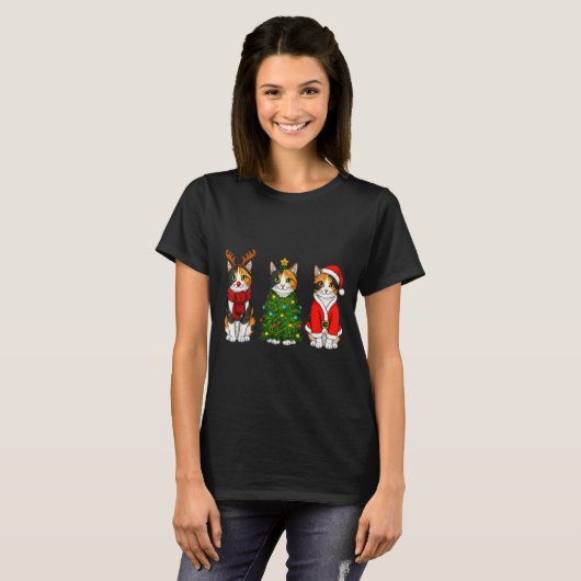 Retro Christmas Calico Cat Santa Reindeer T-Shirt (Vorne ganz)