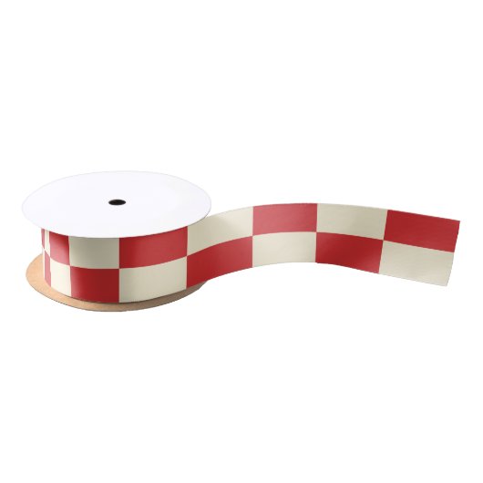 Retro Christmas Checkered Red Cream Pattern Satinband (Spule)