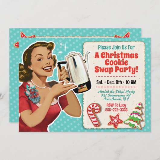 Retro Christmas Cookie Swap-Party Einladung (Vorne/Hinten)