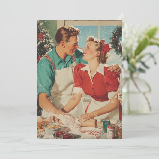 Retro Christmas Couple Baking Love Karte (Stehend Vorderseite)