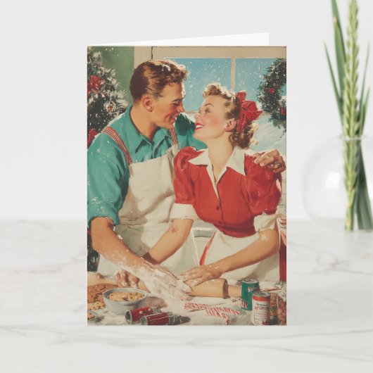 Retro Christmas Couple Baking Love Karte (Vorderseite)