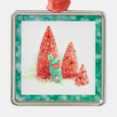 Retro Christmas Deer mit Aqua Frame Silbernes Ornament (Vorne)