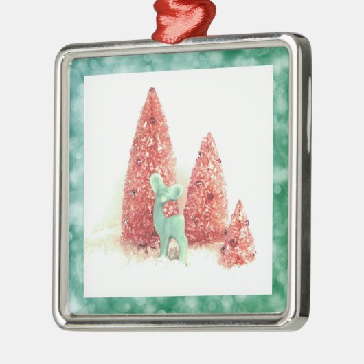 Retro Christmas Deer mit Aqua Frame Silbernes Ornament (Links)
