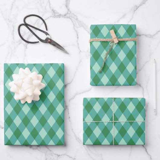 Retro Christmas Diamond Kariert - grün & türkis Geschenkpapier Set (Vorderseite)