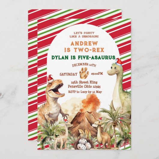 Retro Christmas Dinosaurier Sibling Geburtstag Einladung (Vorne/Hinten)