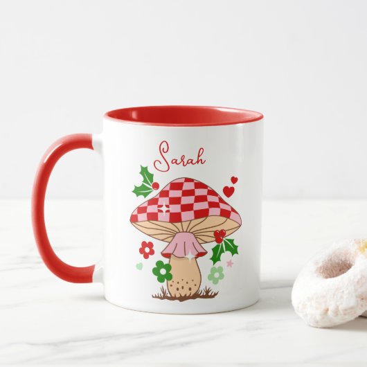 Retro Christmas Disco Ball Mushroom Tasse (Mit Donut)