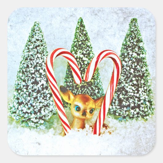 Retro Christmas Fawn Quadratischer Aufkleber (Vorderseite)