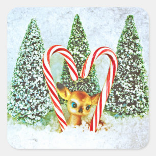 Retro Christmas Fawn Quadratischer Aufkleber