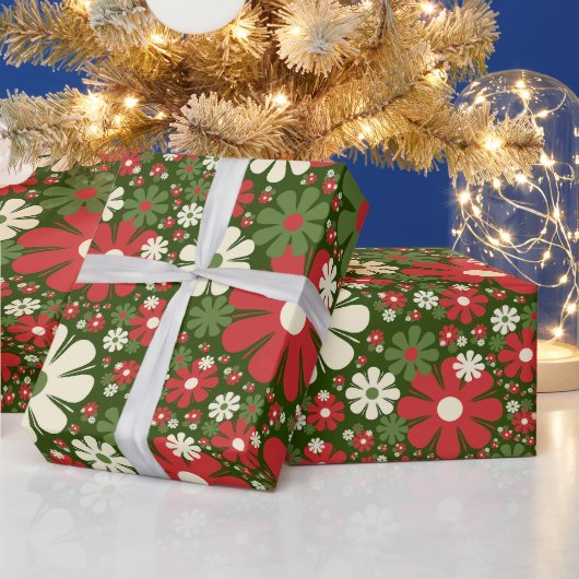 Retro Christmas Floral Fantasy Pattern Red Green Geschenkpapier (Feiertage)