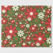 Retro Christmas Floral Fantasy Pattern Red Green Geschenkpapier (Flach)