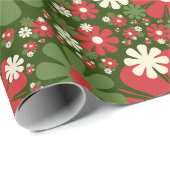 Retro Christmas Floral Fantasy Pattern Red Green Geschenkpapier (Rolleneckpunkt)