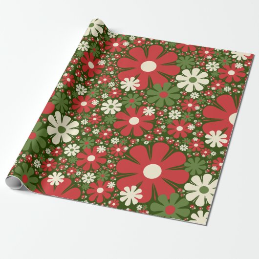 Retro Christmas Floral Fantasy Pattern Red Green Geschenkpapier (Ungerollt)