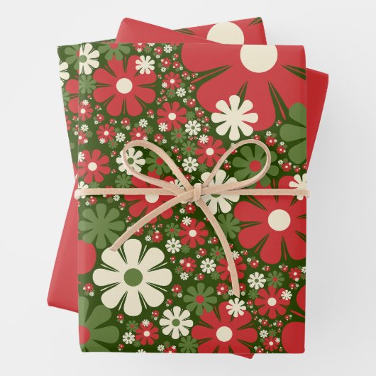 Retro Christmas Floral Fantasy Pattern Red Green Geschenkpapier Set (Beispiel)