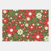 Retro Christmas Floral Fantasy Pattern Red Green Geschenkpapier Set (Vorderseite)