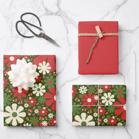 Retro Christmas Floral Fantasy Pattern Red Green Geschenkpapier Set (Vorderseite)