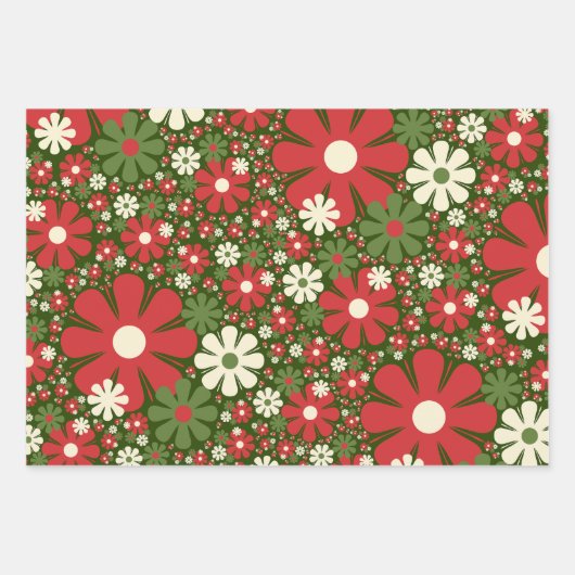 Retro Christmas Floral Fantasy Pattern Red Green Geschenkpapier Set (Vorderseite 2)