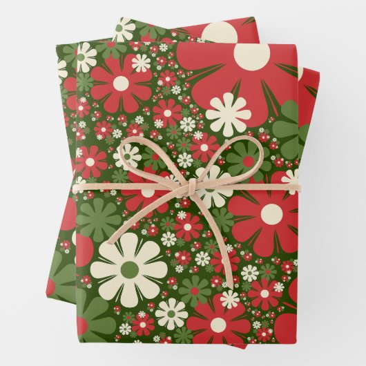 Retro Christmas Floral Fantasy Pattern Red Green Geschenkpapier Set (Beispiel)