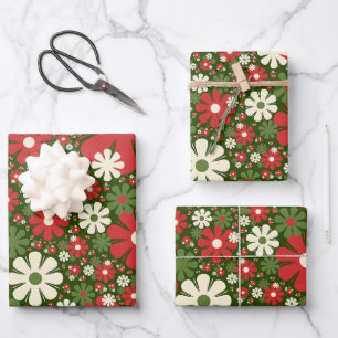 Retro Christmas Floral Fantasy Pattern Red Green Geschenkpapier Set