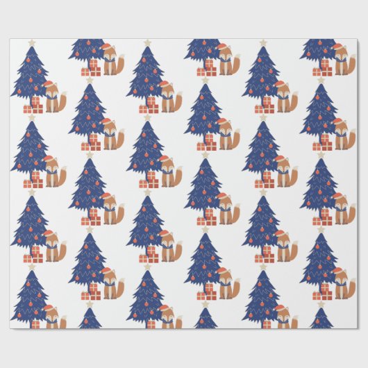 Retro Christmas Fox Illustration Blue Red Geschenkpapier (Flach)