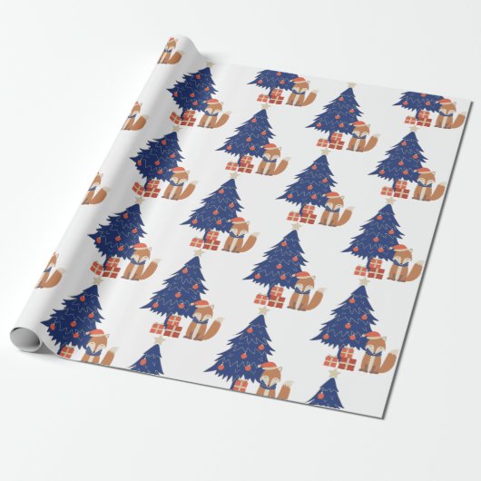 Retro Christmas Fox Illustration Blue Red Geschenkpapier (Ungerollt)