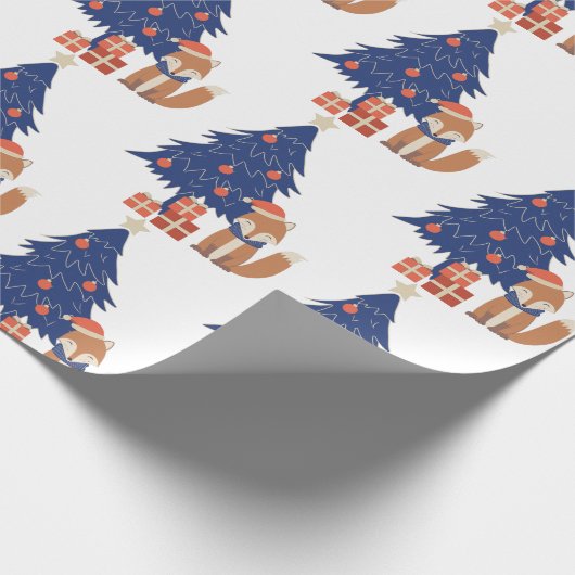 Retro Christmas Fox Illustration Blue Red Geschenkpapier (Ecke)