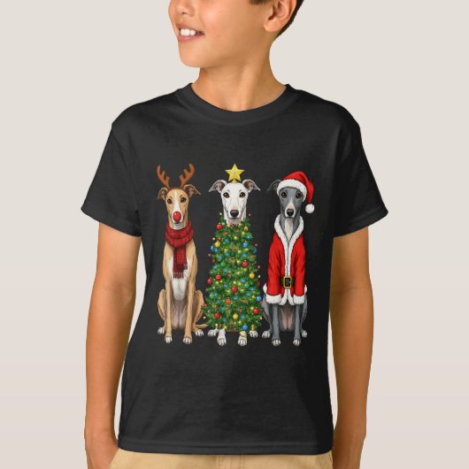 Retro Christmas Ghound Santa Reindeer Dog Lover T-Shirt (Vorderseite)