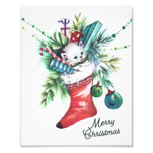 Retro Christmas Kitten in Red Strumpf Wall Art Fotodruck