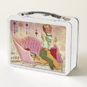 Retro Christmas Lady Wrapping Geschenke Metall Brotdose (Rückseite)