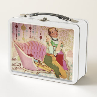 Retro Christmas Lady Wrapping Geschenke Metall Brotdose