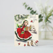 Retro Christmas Little Girl Singing Bunnies Postkarte (Stehend Vorderseite)
