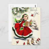 Retro Christmas Little Girl Singing Bunnies Postkarte (Vorne/Hinten)