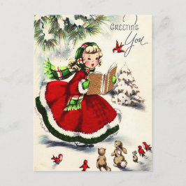 Retro Christmas Little Girl Singing Bunnies Postkarte