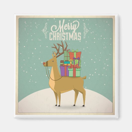 Retro Christmas Magnet - Rentier mit Packungen (Vorne)