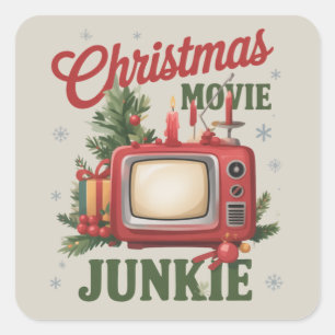 Retro Christmas Movie Junkie Family Party Xmas Quadratischer Aufkleber