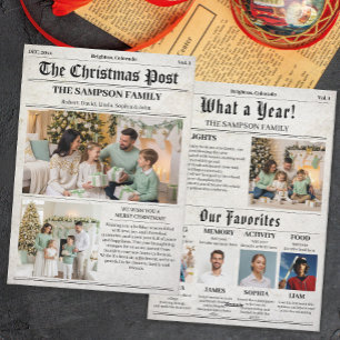 Retro Christmas Newspaper Family Foto Newsletter Feiertagskarte