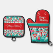 Retro Christmas Ornaments - Customizable Ofenhandschuh & Topflappen-Set (Vorderseite)