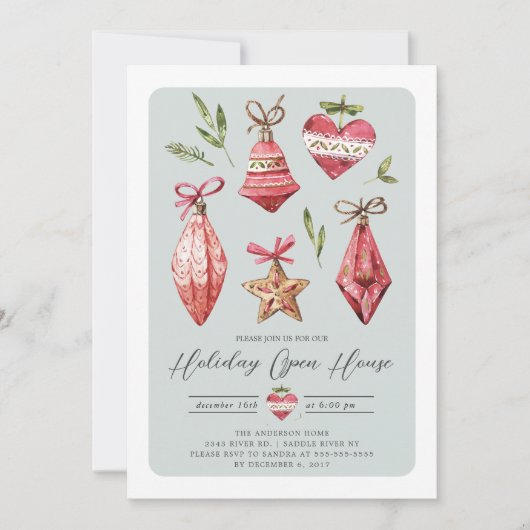 Retro Christmas Ornaments Holiday Open House Einladung (Vorderseite)