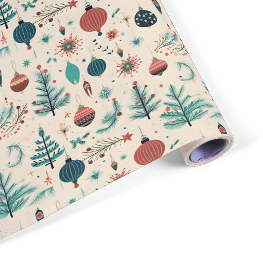 Retro Christmas Ornaments | Trees Pattern Geschenkpapier