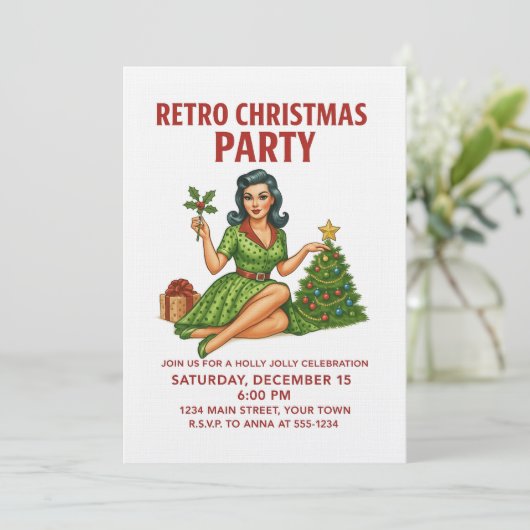 Retro Christmas Party Invitation | Vintage Pin-Up  Einladung (Stehend Vorderseite)
