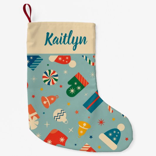 Retro Christmas Pattern Individuelle Name Kleiner Weihnachtsstrumpf (Vorderseite)