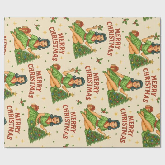 Retro Christmas Pin-Up Wrapping Paper Geschenkpapier (Flach)