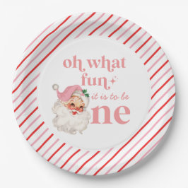 Retro Christmas pink Santa First Birthday Pappteller