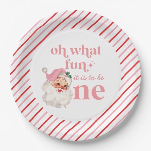 Retro Christmas pink Santa First Birthday Pappteller (Vorderseite)