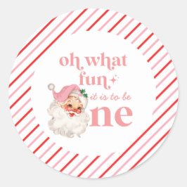 Retro Christmas pink Santa First Birthday Runder Aufkleber