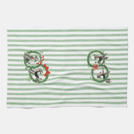 Retro Christmas Poodles grün und weiß Streifen Geschirrtuch (Horizontal)