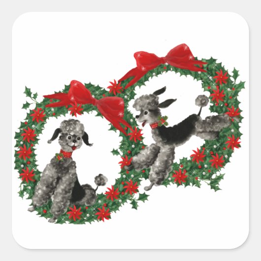 Retro Christmas Poodles in Wreaths Quadratischer Aufkleber (Vorderseite)